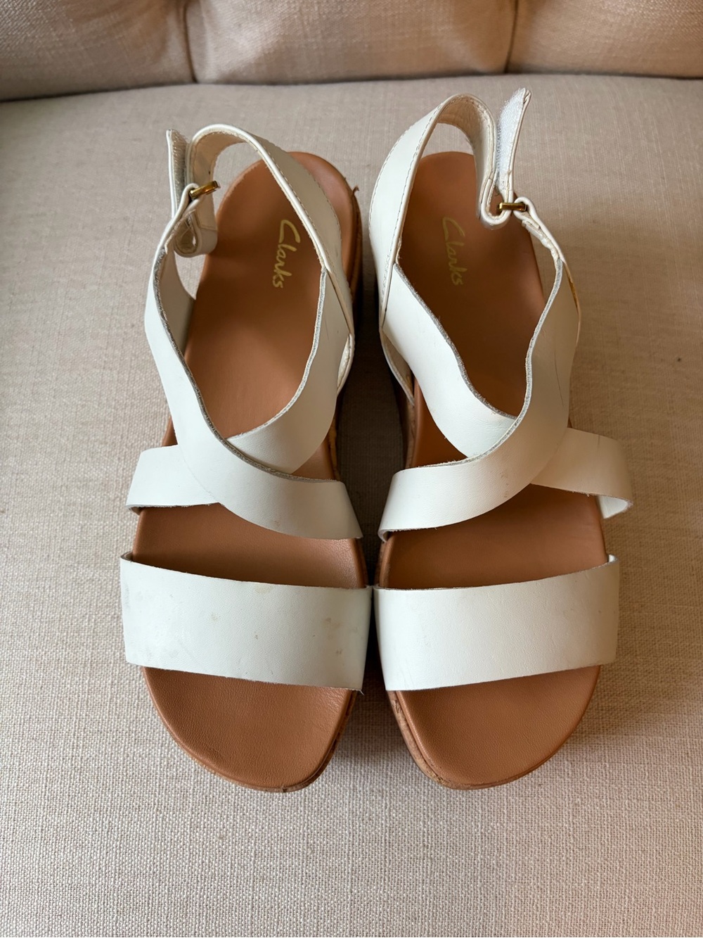 Clarks White Kimmei Cork Wedge Sandals